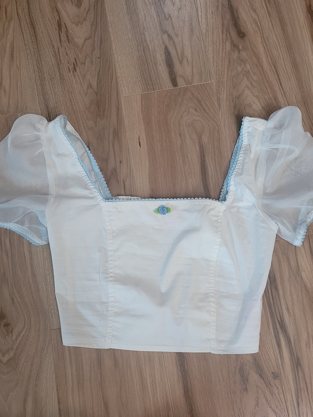 Dolls Kill Sugar Thrillz White Crop Top with Blue Trim and Tiny Rose
